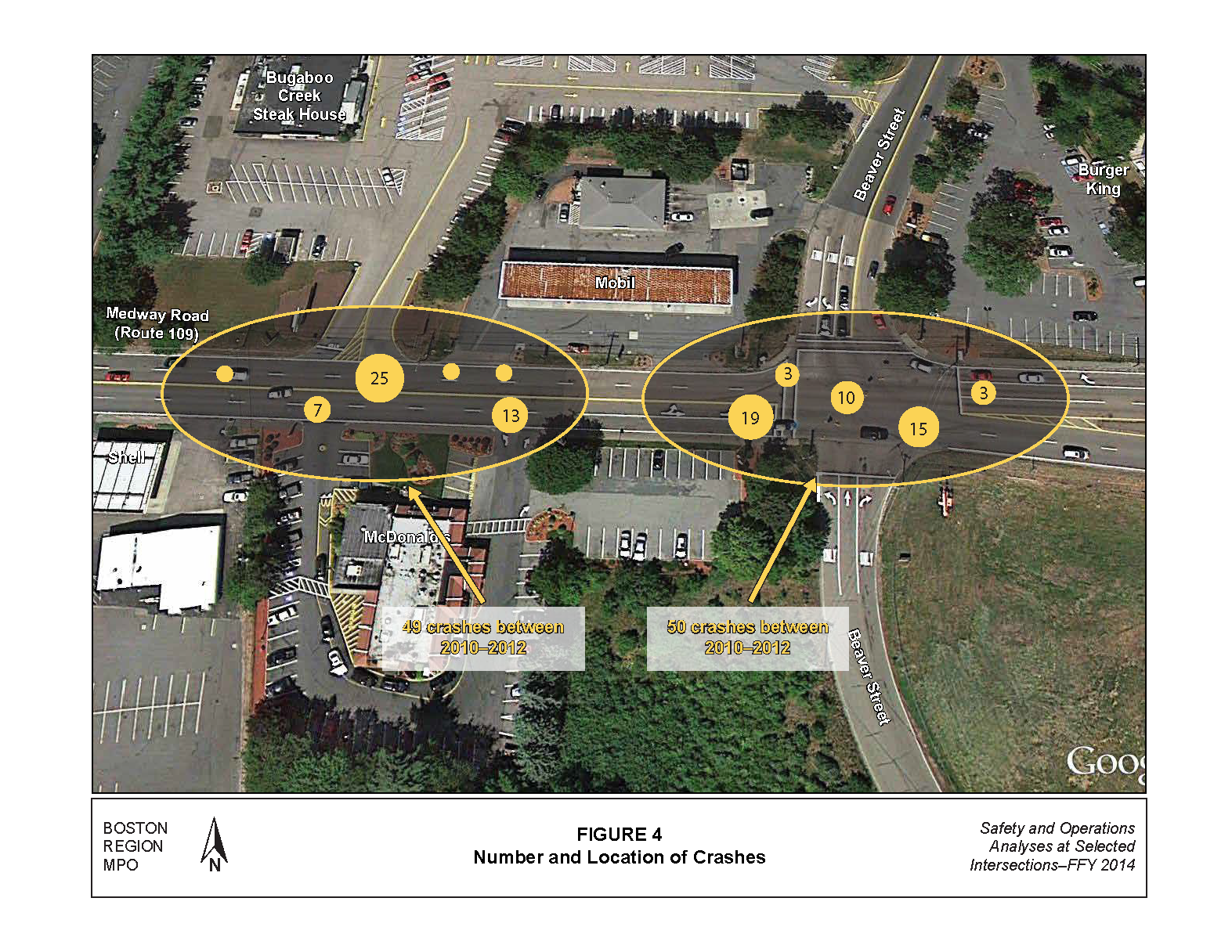 FIGURE 4. Aerial-view map that shows location and number of crashes for the intersections in the study area between 2010 and 2012.